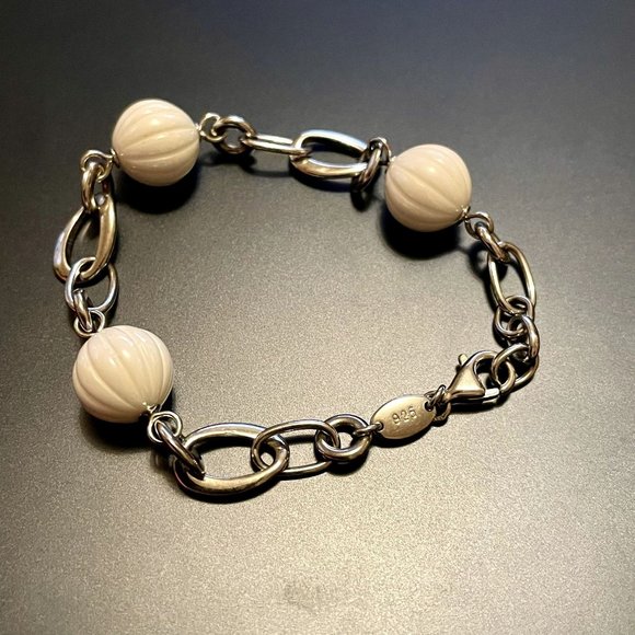 Fossil Sterling Silver Link Bracelet with White Ceramic Beads (NWOT) - Picture 3 of 6
